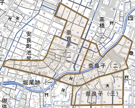 奈良子とその周辺の地図。町の範囲を重ねている