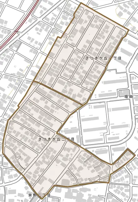 さつきケ丘とその周辺の地図。町の範囲を重ねている