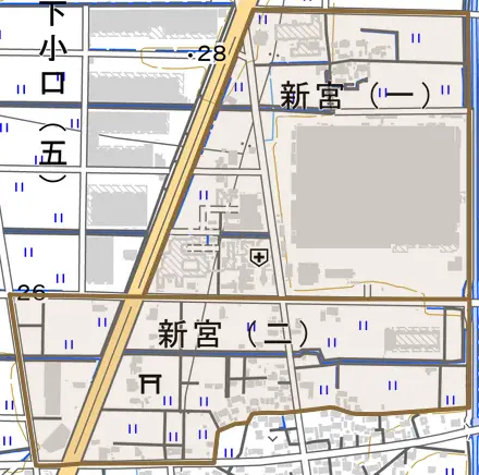 新宮とその周辺の地図。町の範囲を重ねている