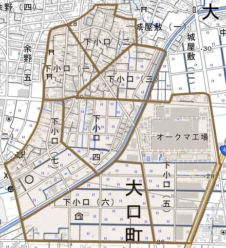 下小口とその周辺の地図。町の範囲を重ねている