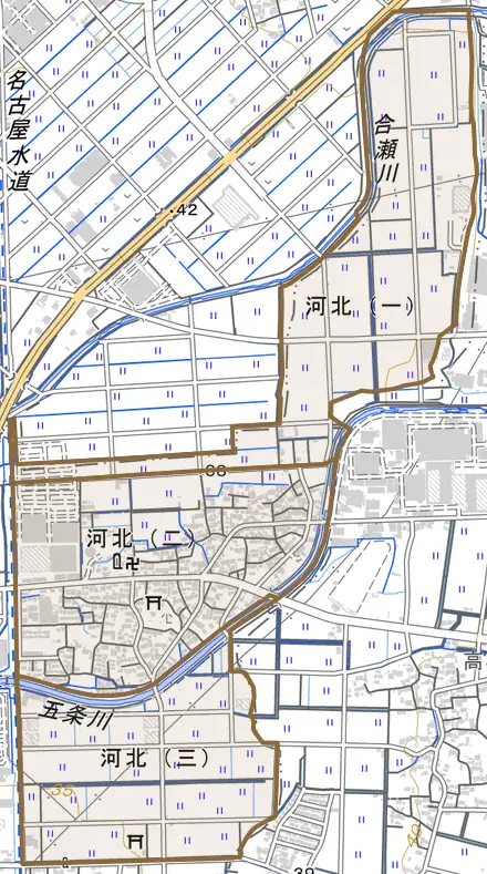 河北とその周辺の地図。町の範囲を重ねている