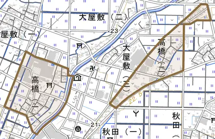高橋とその周辺の地図。町の範囲を重ねている