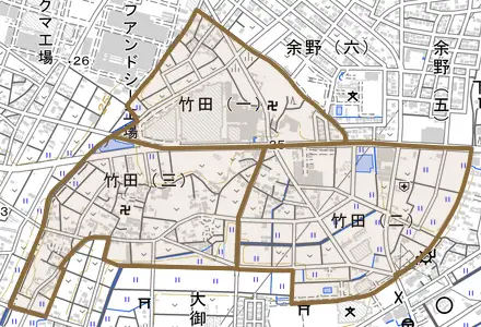 竹田とその周辺の地図。町の範囲を重ねている