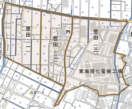 豊田とその周辺の地図。町の範囲を重ねている