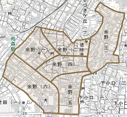 余野とその周辺の地図。町の範囲を重ねている