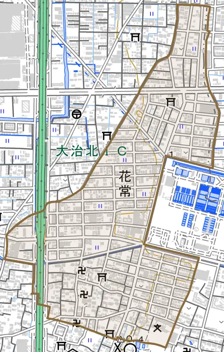 大字花常とその周辺の地図。町の範囲を重ねている