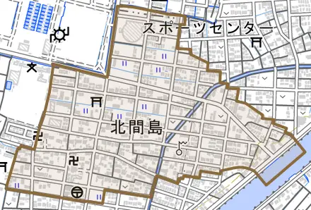 大字北間島とその周辺の地図。町の範囲を重ねている