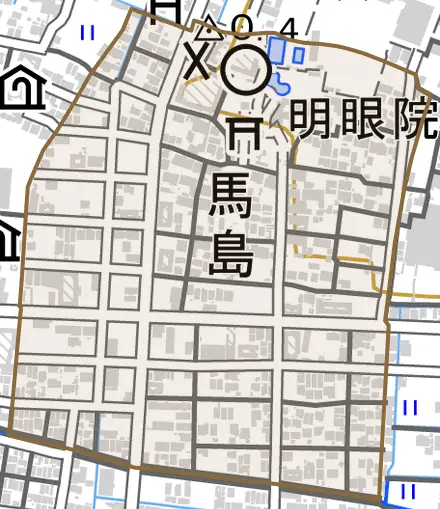 大字馬島とその周辺の地図。町の範囲を重ねている