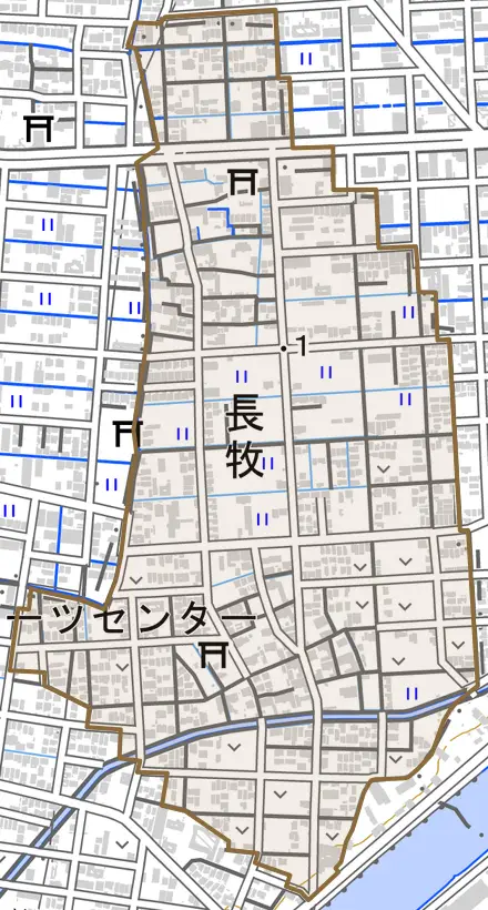 大字長牧とその周辺の地図。町の範囲を重ねている