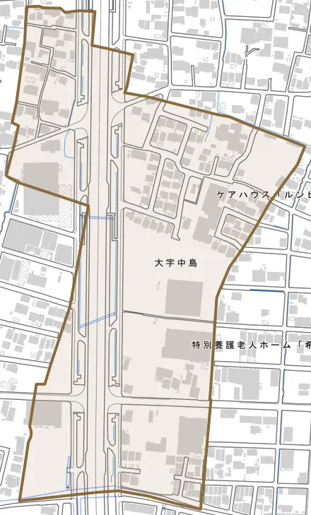大字中島とその周辺の地図。町の範囲を重ねている
