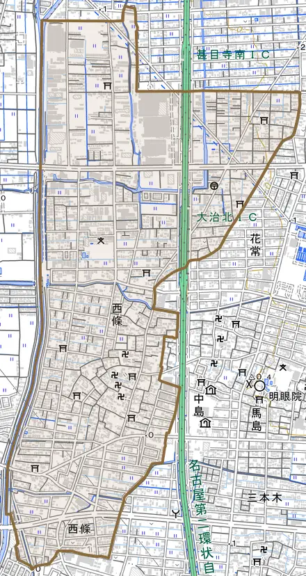 大字西條とその周辺の地図。町の範囲を重ねている