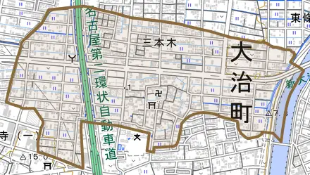 大字三本木とその周辺の地図。町の範囲を重ねている