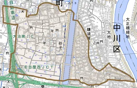 大字砂子とその周辺の地図。町の範囲を重ねている
