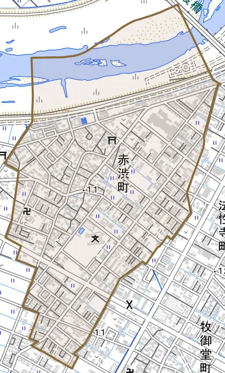 赤渋町とその周辺の地図。町の範囲を重ねている