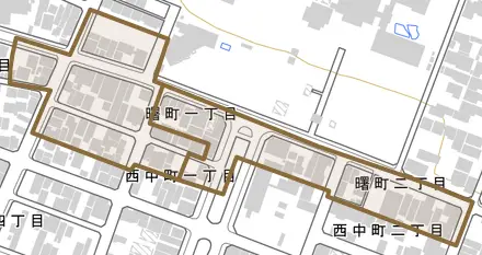 曙町とその周辺の地図。町の範囲を重ねている