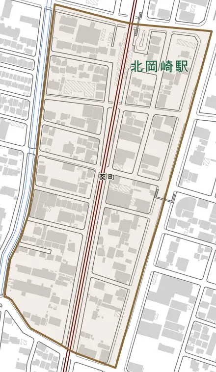 葵町とその周辺の地図。町の範囲を重ねている