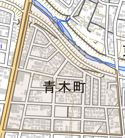 青木町とその周辺の地図。町の範囲を重ねている
