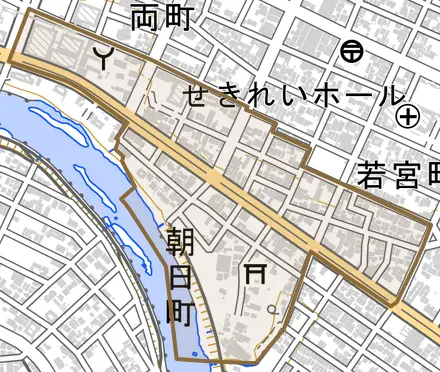 朝日町とその周辺の地図。町の範囲を重ねている