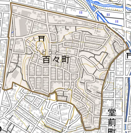 百々町とその周辺の地図。町の範囲を重ねている