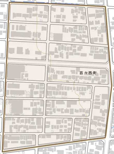 百々西町とその周辺の地図。町の範囲を重ねている