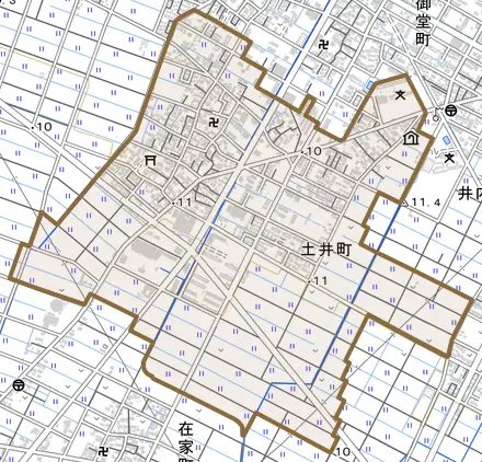 土井町とその周辺の地図。町の範囲を重ねている