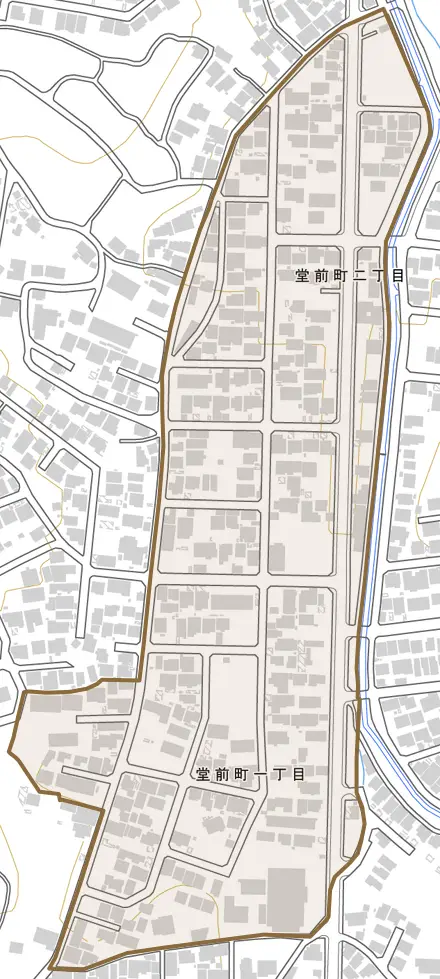 堂前町とその周辺の地図。町の範囲を重ねている
