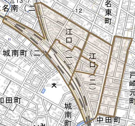 江口とその周辺の地図。町の範囲を重ねている