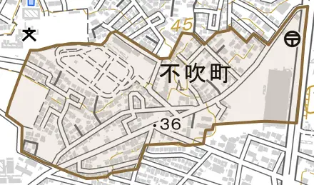 不吹町とその周辺の地図。町の範囲を重ねている