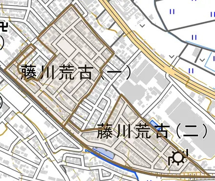 藤川荒古とその周辺の地図。町の範囲を重ねている