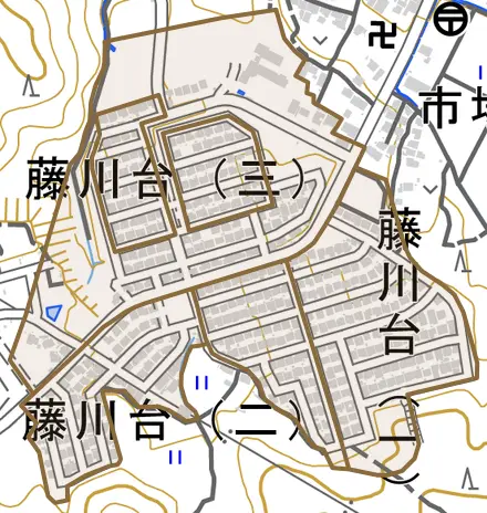 藤川台とその周辺の地図。町の範囲を重ねている