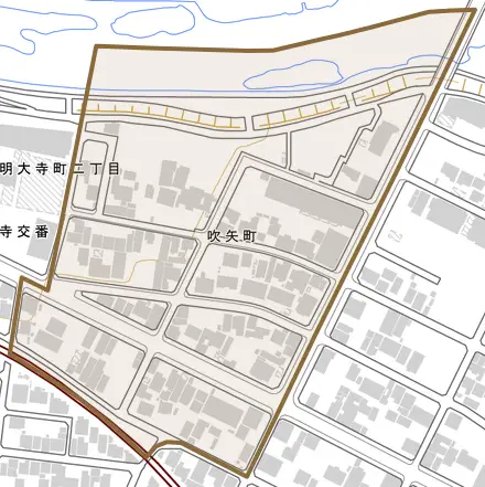 吹矢町とその周辺の地図。町の範囲を重ねている