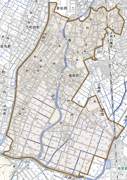 福岡町とその周辺の地図。町の範囲を重ねている