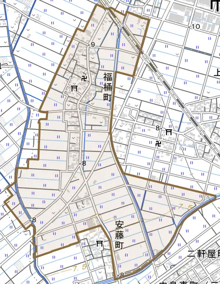 福桶町とその周辺の地図。町の範囲を重ねている