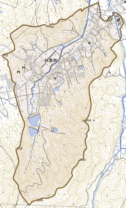 羽栗町とその周辺の地図。町の範囲を重ねている