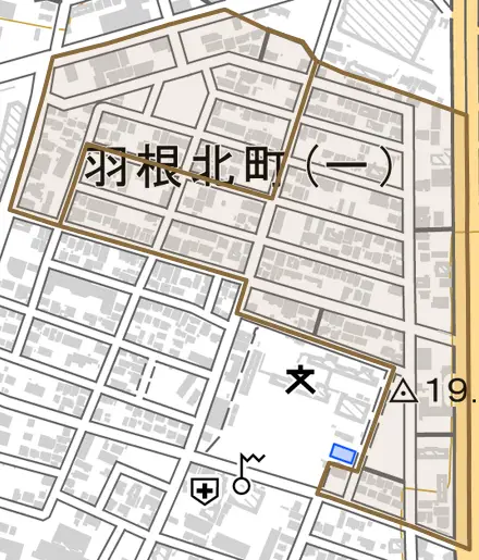 羽根北町とその周辺の地図。町の範囲を重ねている