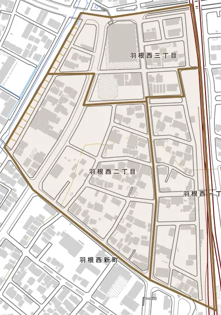 羽根西とその周辺の地図。町の範囲を重ねている