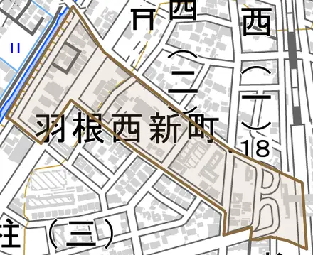 羽根西新町とその周辺の地図。町の範囲を重ねている