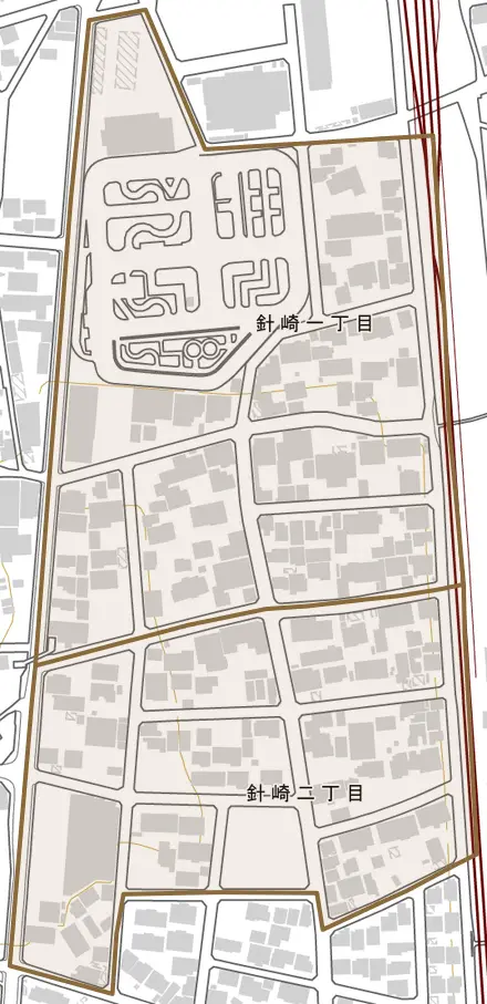 針崎とその周辺の地図。町の範囲を重ねている