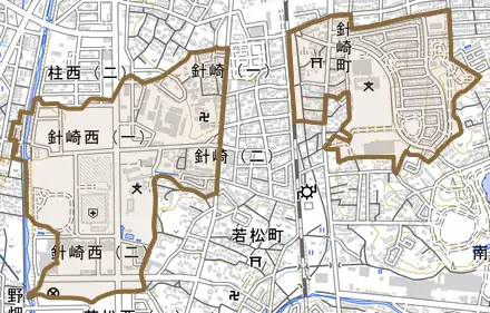 針崎町とその周辺の地図。町の範囲を重ねている