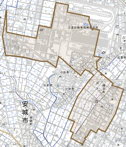 橋目町とその周辺の地図。町の範囲を重ねている