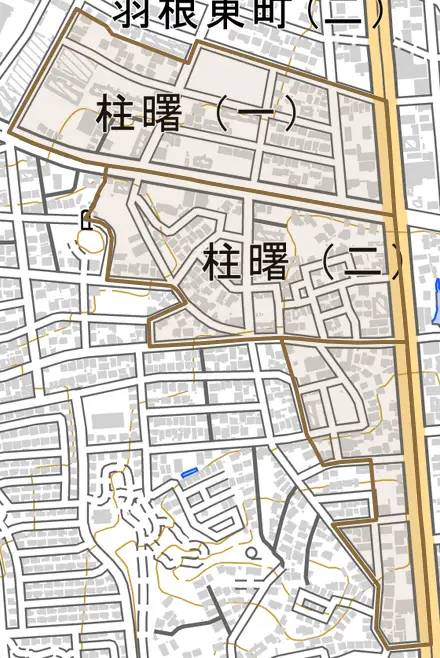 柱曙とその周辺の地図。町の範囲を重ねている