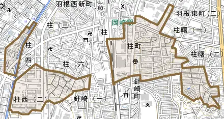 柱町とその周辺の地図。町の範囲を重ねている
