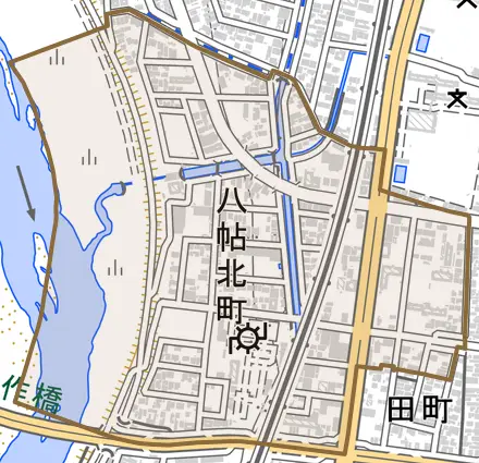 八帖北町とその周辺の地図。町の範囲を重ねている