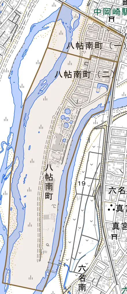 八帖南町とその周辺の地図。町の範囲を重ねている
