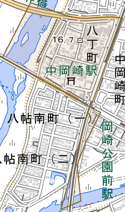 八帖町とその周辺の地図。町の範囲を重ねている