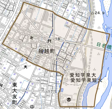 舳越町とその周辺の地図。町の範囲を重ねている