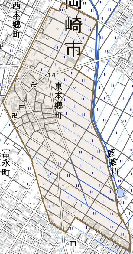 東本郷町とその周辺の地図。町の範囲を重ねている