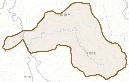 東河原町とその周辺の地図。町の範囲を重ねている
