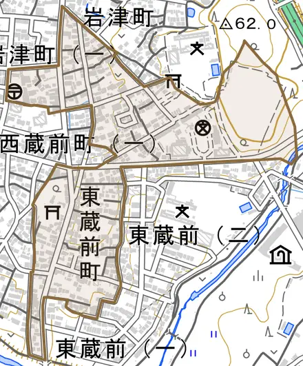 東蔵前町とその周辺の地図。町の範囲を重ねている