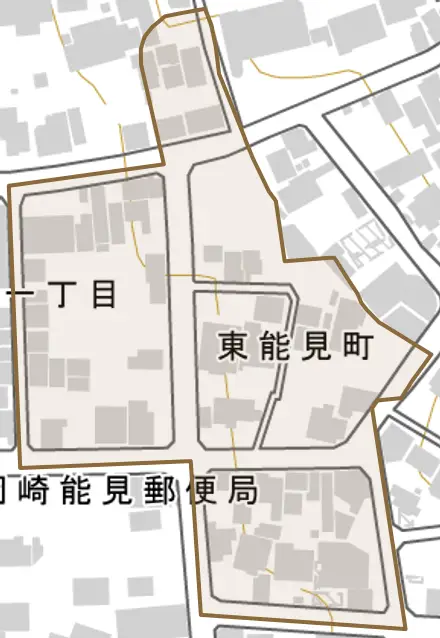 東能見町とその周辺の地図。町の範囲を重ねている